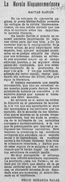La novela hispanoamericana  [artículo] Félix Miranda Salas.