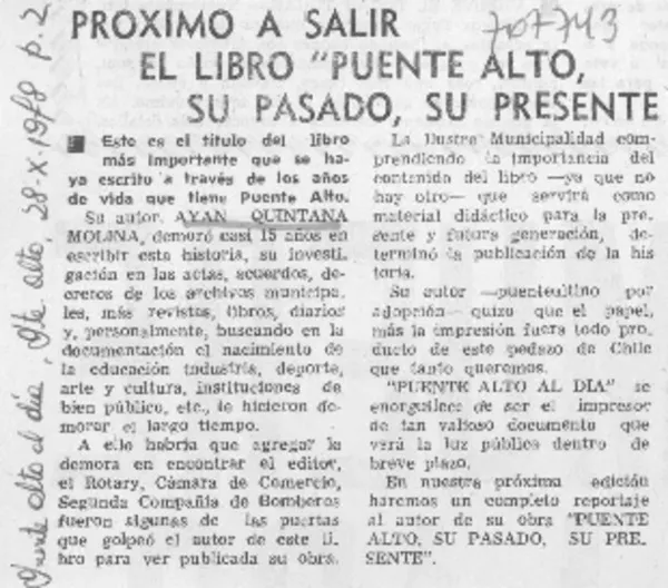 Próximo a salir el libro "Puente Alto, su pasado, su historia".  [artículo]