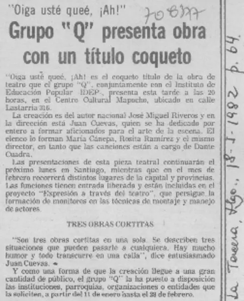 Grupo "Q" presenta obra con un título coqueto.  [artículo]