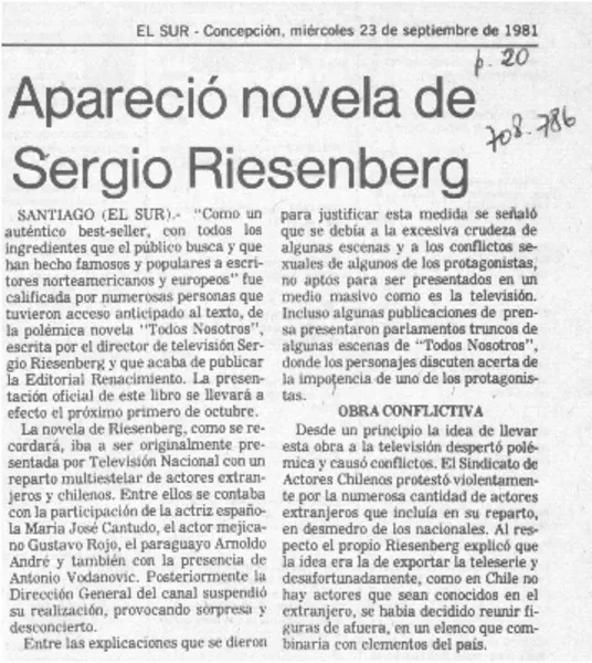 Apareció novela de Sergio Riesenberg.  [artículo]