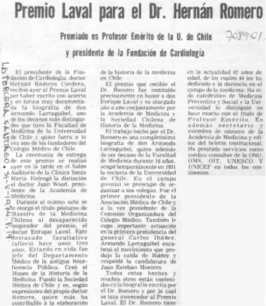 Premio Laval para el dr. Hernán Romero.  [artículo]
