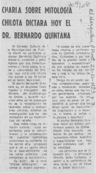 Charla sobre mitología chilota dictará hoy el Dr. Bernardo Quintana.  [artículo]