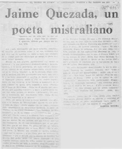 Jaime Quezada, un poeta mistraliano  [artículo] Marcos Rivera.