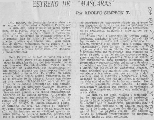 Estreno de "Máscaras"  [artículo] Adolfo Simpson T.