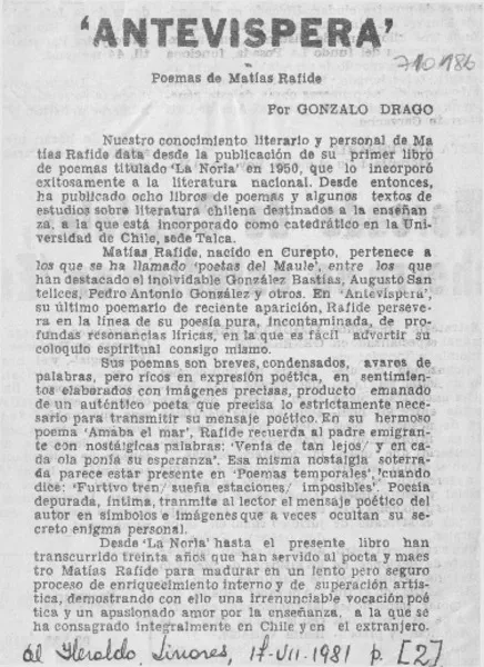 Antevíspera  [artículo] Gonzalo Drago.