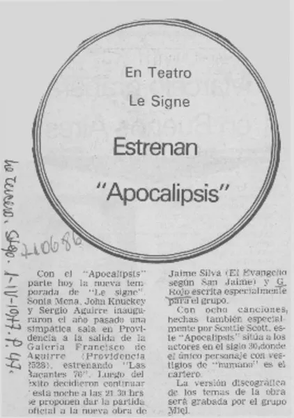 Estrenan "Apocalipsis".  [artículo]
