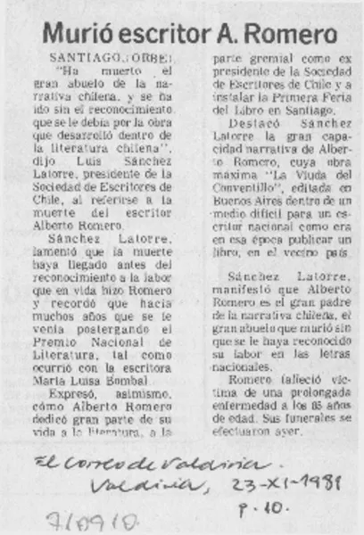 Murió escritor A. Romero.  [artículo]
