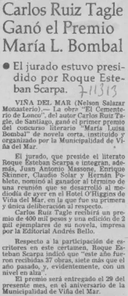 Carlos Ruiz Tagle ganó el Premio María L. Bombal.  [artículo]