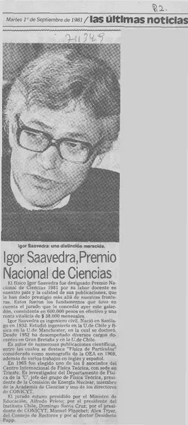 Igor Saavedra, premio nacional de ciencias.  [artículo]