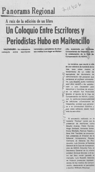 Un coloquio entre escritores y periodistas hubo en Maitencillo.  [artículo]