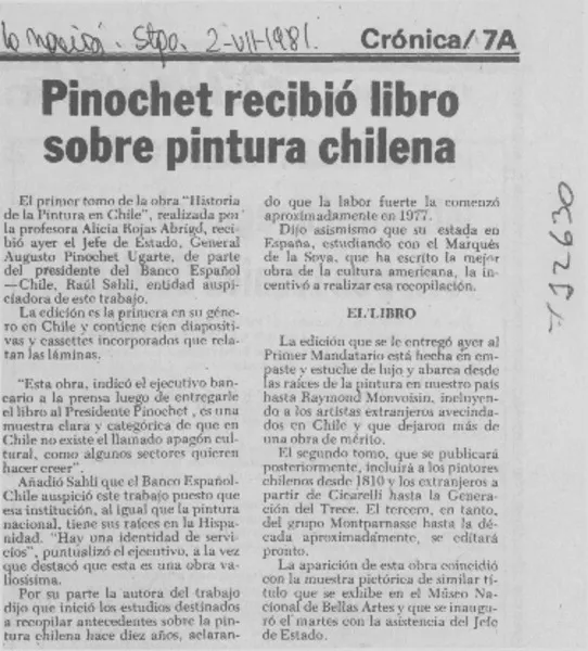 Pinochet recibió libro sobre pintura chilena.  [artículo]