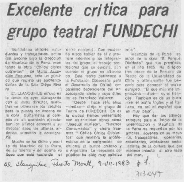 Excelente crítica para grupo teatral FUNDECHI.  [artículo]