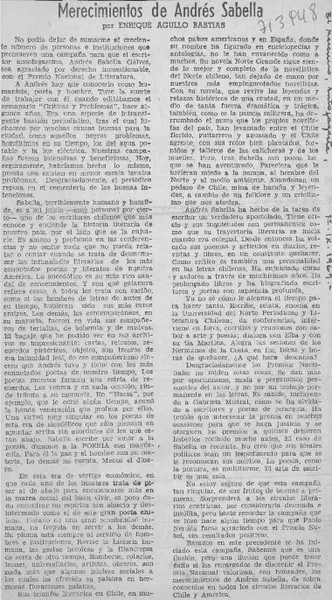 Merecimientos de Andrés Sabella.  [artículo] Enrique Agullo Bastías.