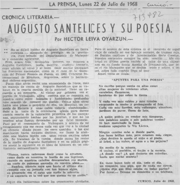 Augusto Santelices y su poesía  [artículo] Héctor Leiva Oyarzún.