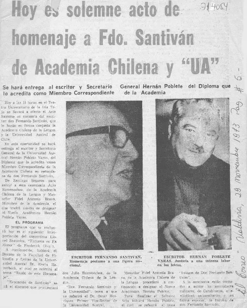 Hoy es solemne acto de homenaje a Fdo. Santiván de Academia Chilena y "UA".  [artículo]