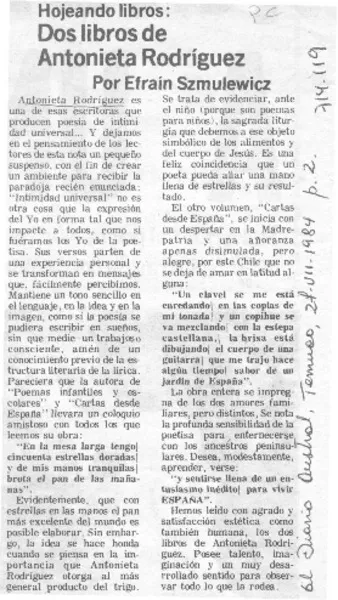 Dos libros de Antonia Rodríguez  [artículo] Efraín Szmulewicz.