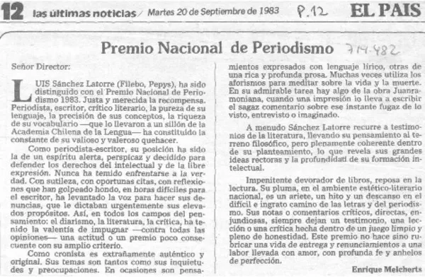 Premio Nacional de Periodismo  [artículo] Enrique Melcherts.