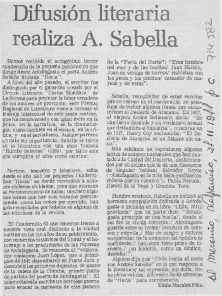 Difusión literaria realiza A. Sabella  [artículo] Eddie Morales Piña.