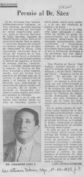 Premio al Dr. Sáez  [artículo] Luis Cerda Barrios.