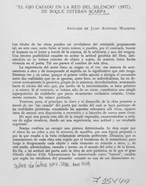 El ojo cazado en la red del silencio" (1977), de Roque Esteban Scarpa  [artículo] Juan Antonio Massone.