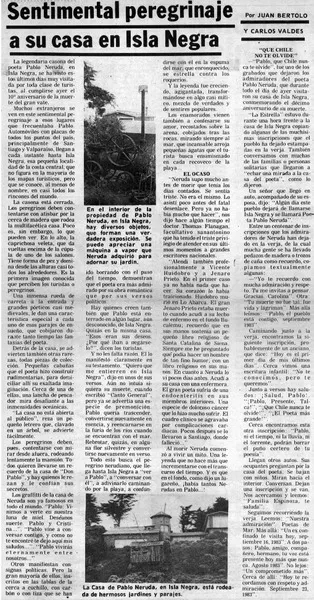 Sentimental peregrinaje a su casa en Isla Negra  [artículo] Juan Bertoló <y> Carlos Valdés.