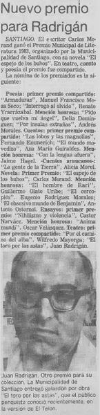 Nuevo premio para Radrigán.  [artículo]