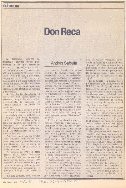 Don Reca  [artículo] Andrés Sabella.