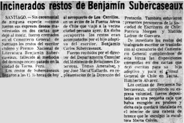 Incinerados restos de Benjamín Subercaseaux.  [artículo]