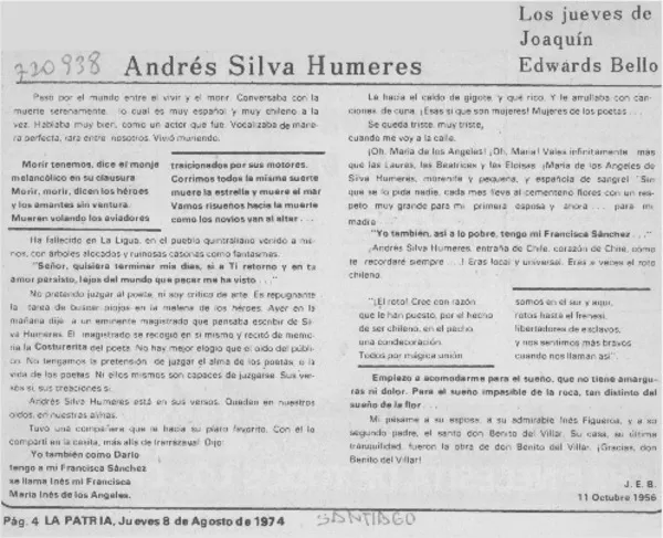 Andrés Silva Humeres  [artículo] Joaquín Edwards Bello.