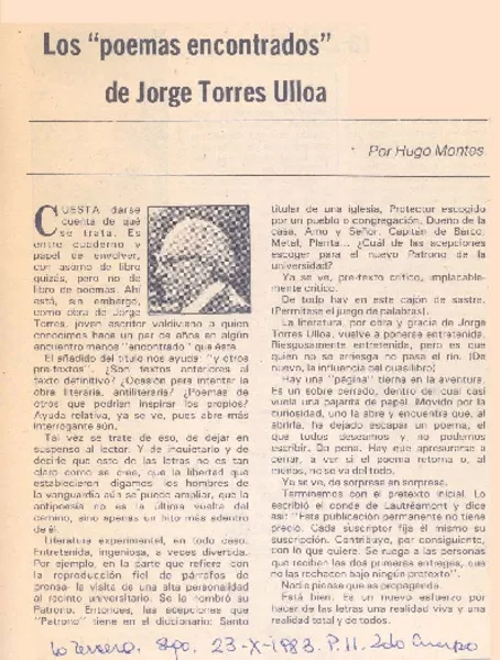 Los "poemas encontrados" de Jorge Torres Ulloa  [artículo] Hugo Montes.