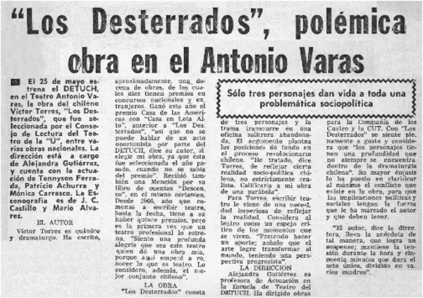 "Los desterrados", polémica obra en el Antonio Varas.  [artículo]