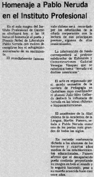 Homenaje a Pablo Neruda en el instituto profesional.  [artículo]