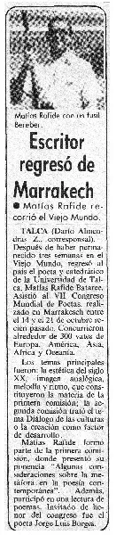 Escritor regresó de Marrakech.  [artículo] Dario Almendras Z.