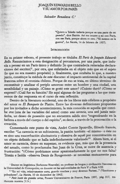 Joaquín Edwards Bello y su amor por París  [artículo] Salvador Benadava C.