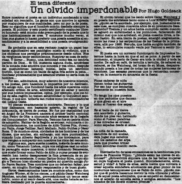 Un olvido imperdonable  [artículo] Hugo Goldsack.