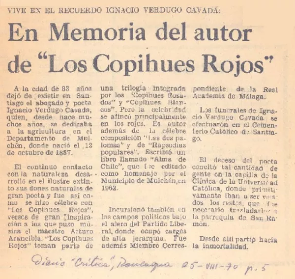 En memoria del autor de "Los copihues rojos".  [artículo]