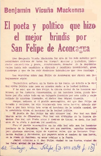 El poeta y político que hizo el mejor brindis por San Felipe de Aconcagua.  [artículo]