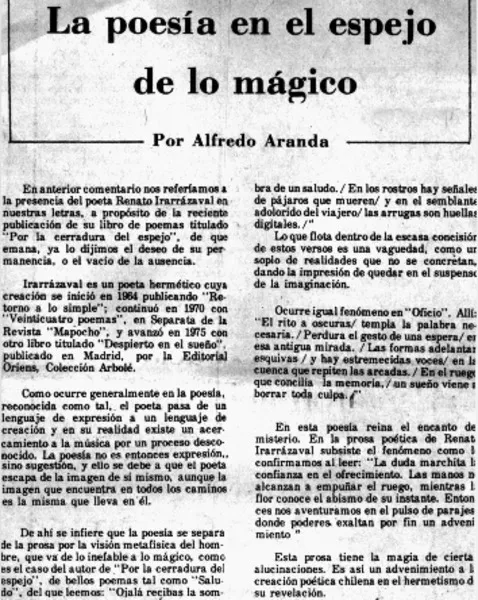 La poesía en el espejo de lo mágico  [artículo] Alfredo Aranda.