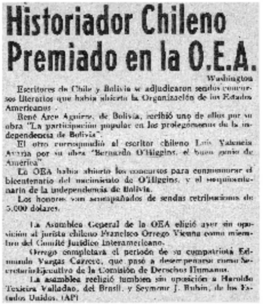 Historiador chileno premiado en la O.E.A.  [artículo]