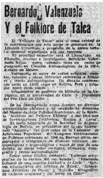 Bernardo Valenzuela y el folklore de Talca.  [artículo]