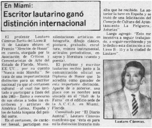 Escritor lautarino ganó distinción internacional.  [artículo]