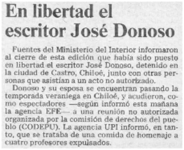 En libertad el escritor José Donoso.  [artículo]