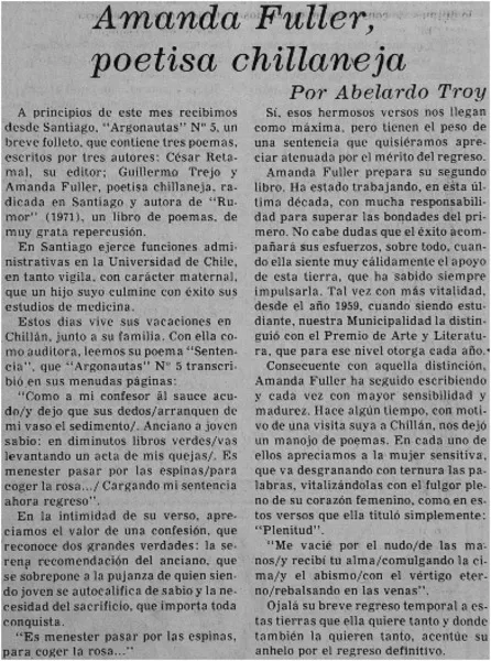 Amanda Fuller, poetisa chillaneja  [artículo]Abelardo Troy.