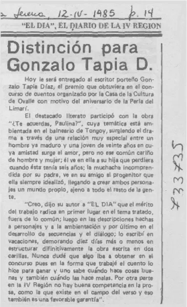 Distinción para Gonzalo Tapia D.  [artículo]