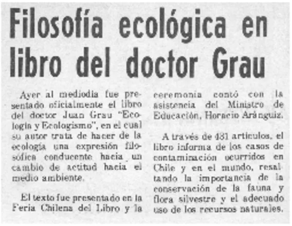 Filosofía ecológica en libro del doctor Grau.  [artículo]