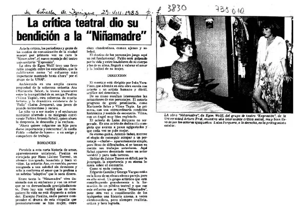 La Crítica teatral dio su bendición a la "Niñamadre".  [artículo]