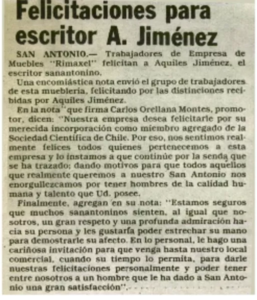 Felicitaciones para escritor A. Jiménez.  [artículo]