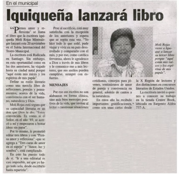 Iquiqueña lanzará libro  [artículo]