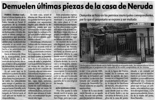 Demuelen últimas piezas de la casa de Neruda  [artículo] Esteban Leal.