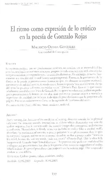 El ritmo como expresión de lo erótico en la poesía de Gonzalo Rojas  [artículo] Mauricio Ostria González.